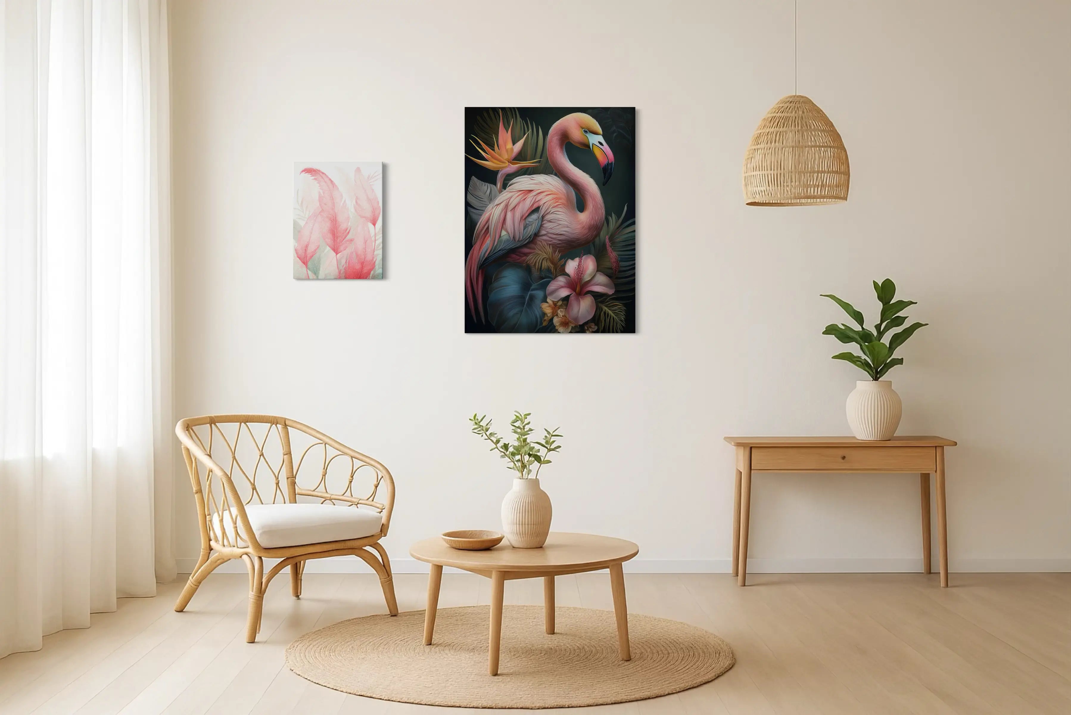 Flamingo Feather Whispers and Taking Flight coastal glass prints displayed together — pink flamingo wall gallery with tropical coastal art style