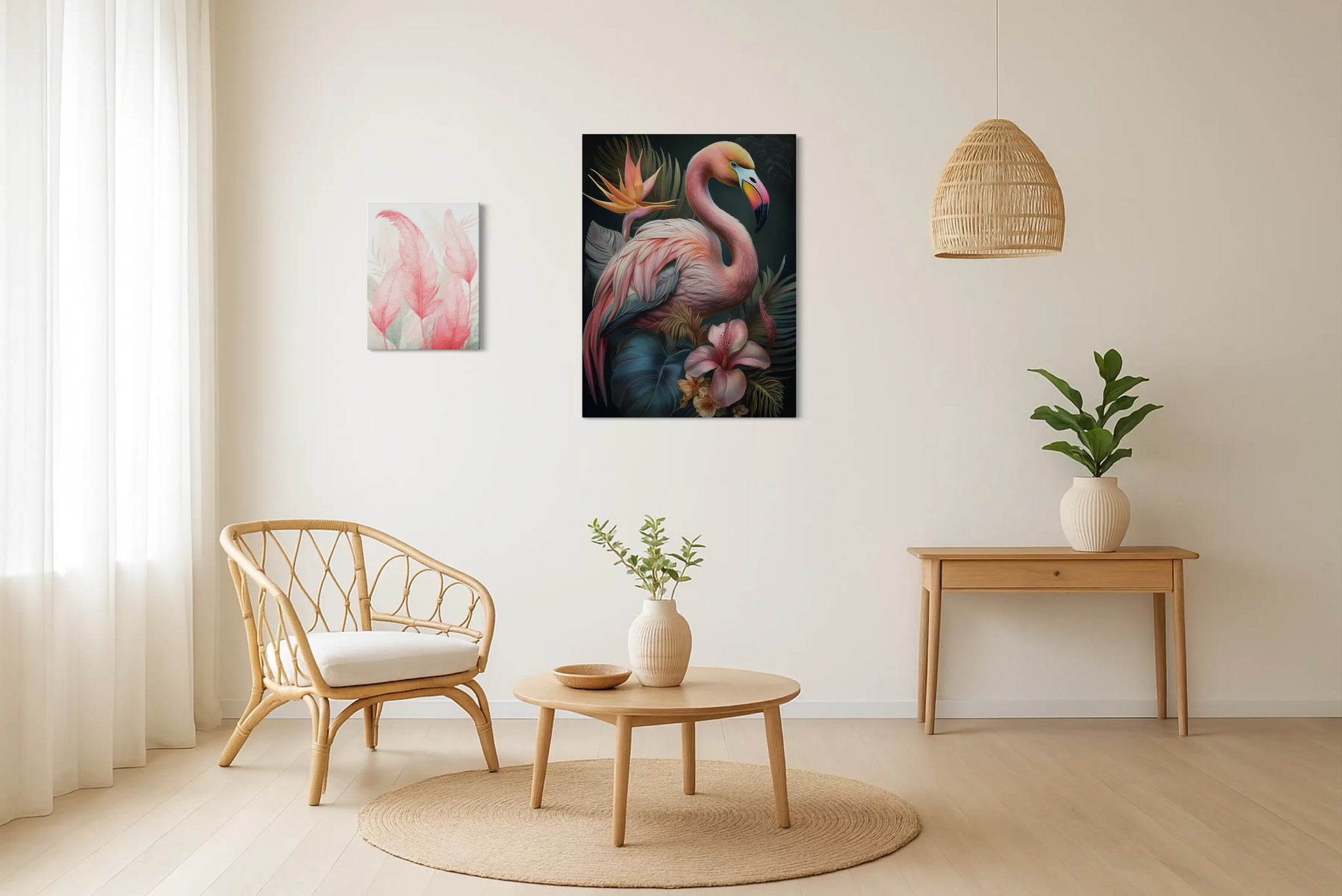 Flamingo Feather Whispers and Taking Flight coastal glass prints displayed together — pink flamingo wall gallery with tropical coastal art style