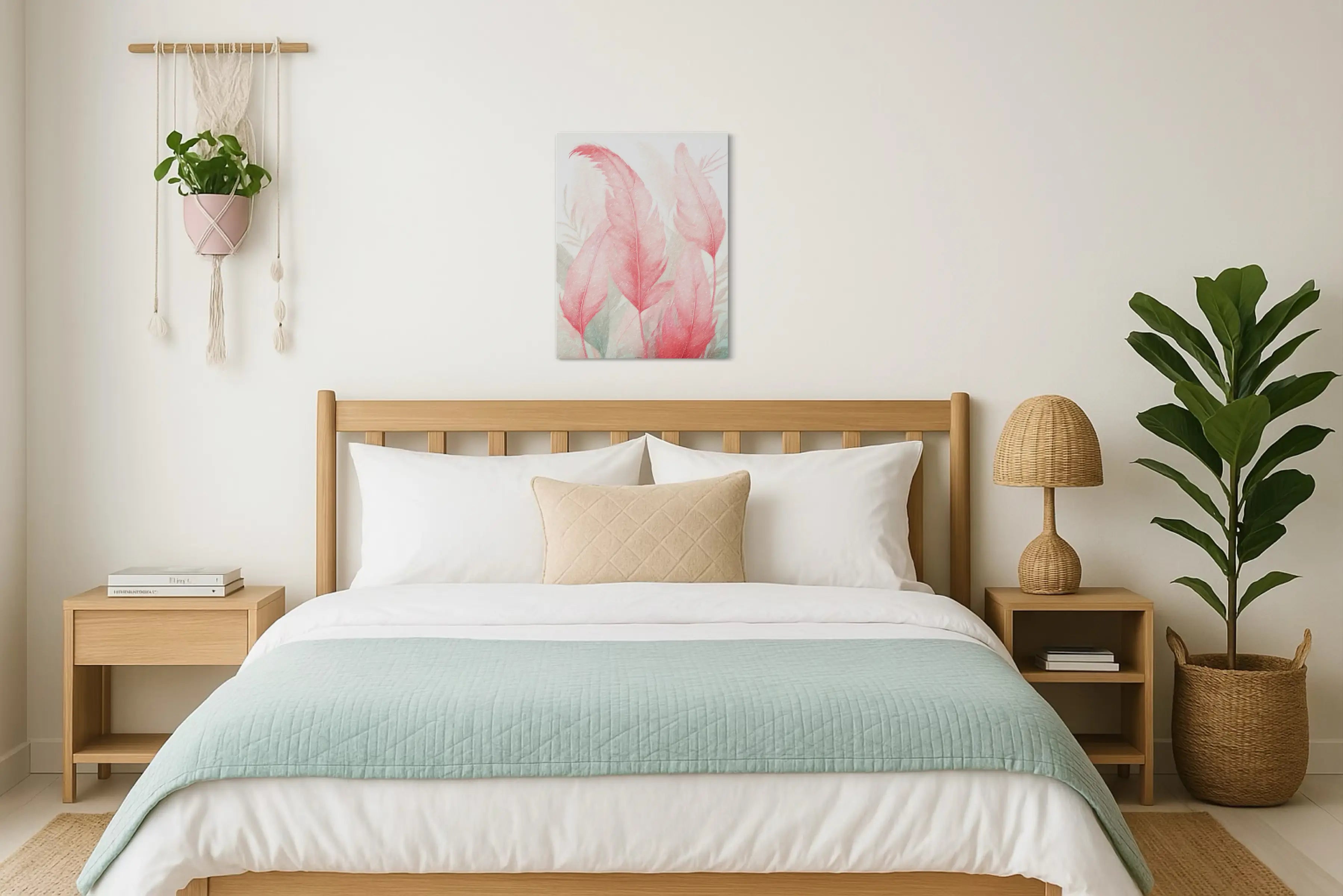 Flamingo Feather Whispers flamingo glass print in a serene coastal bedroom — tropical pink feather wall decor adding warmth and tranquility