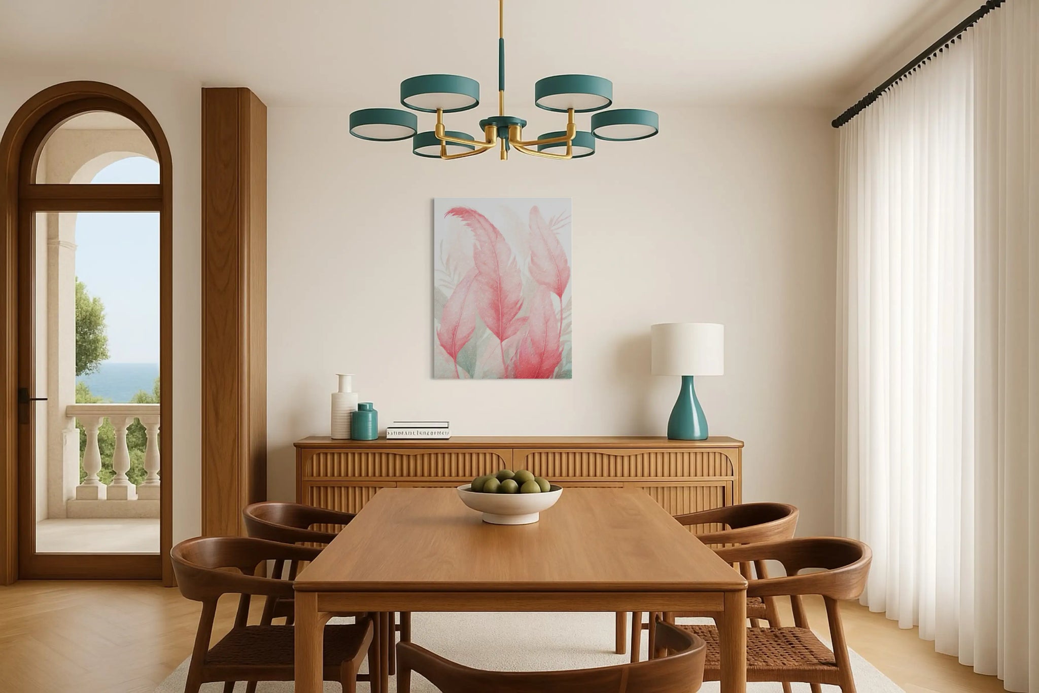Flamingo Feather Whispers glass print displayed in a modern coastal dining room — soft pink feather wall art complementing natural wood decor