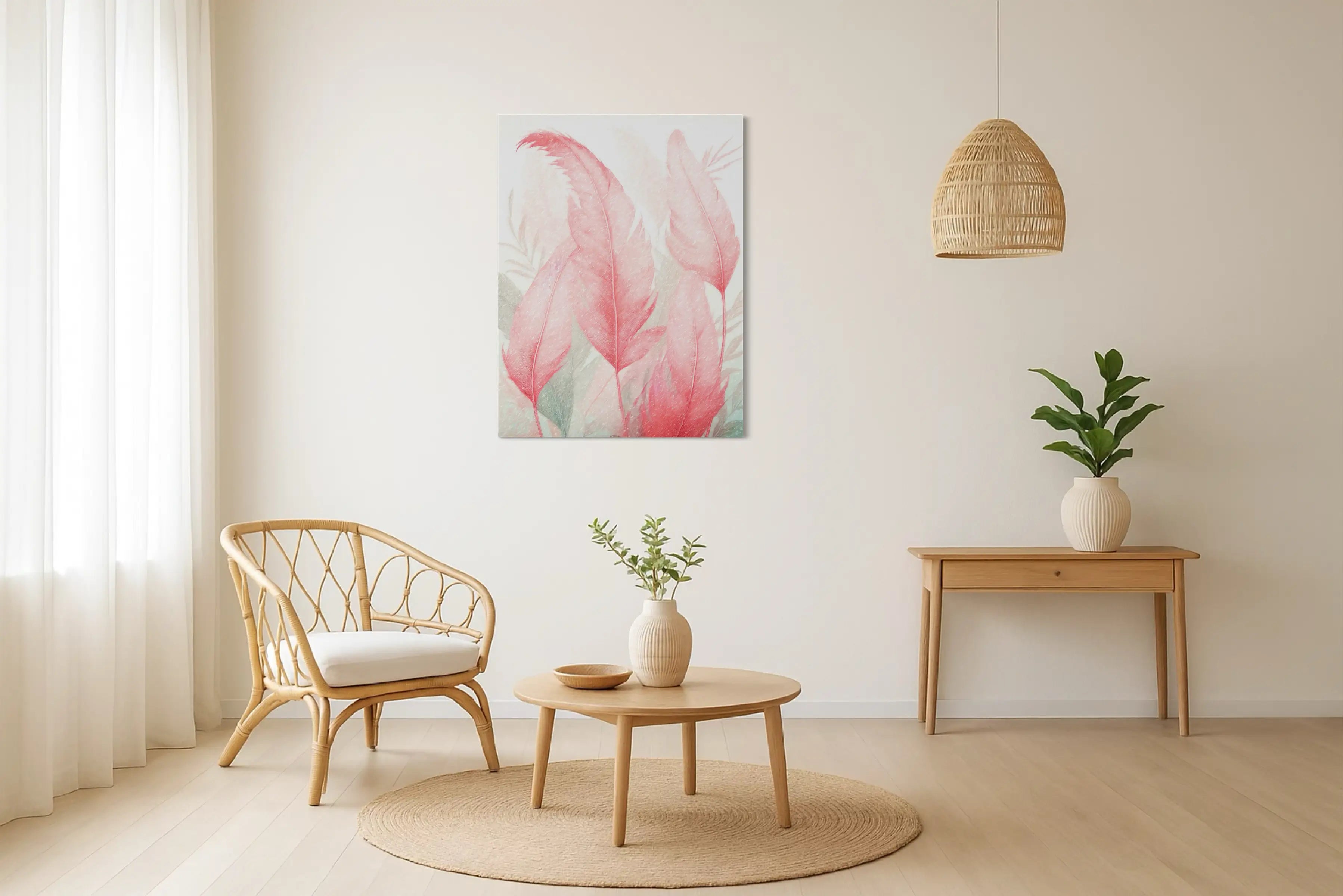 Flamingo Feather Whispers coastal glass wall art — tropical pink feathers adding color and serenity to a bright modern coastal interior