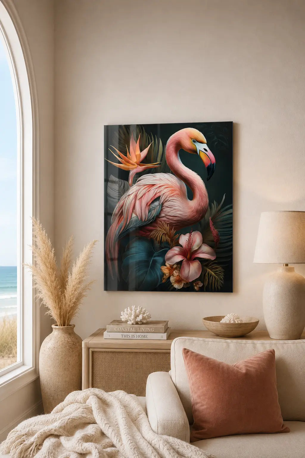 Flamingo glass print on a wall in a coastal living room with warm neutrals and soft blush tones.