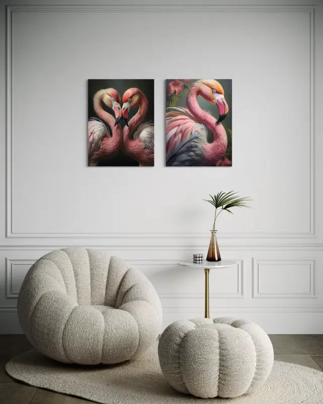 Two flamingos in a heart shape, Echoes of the Sea coastal glass print. with a matching print