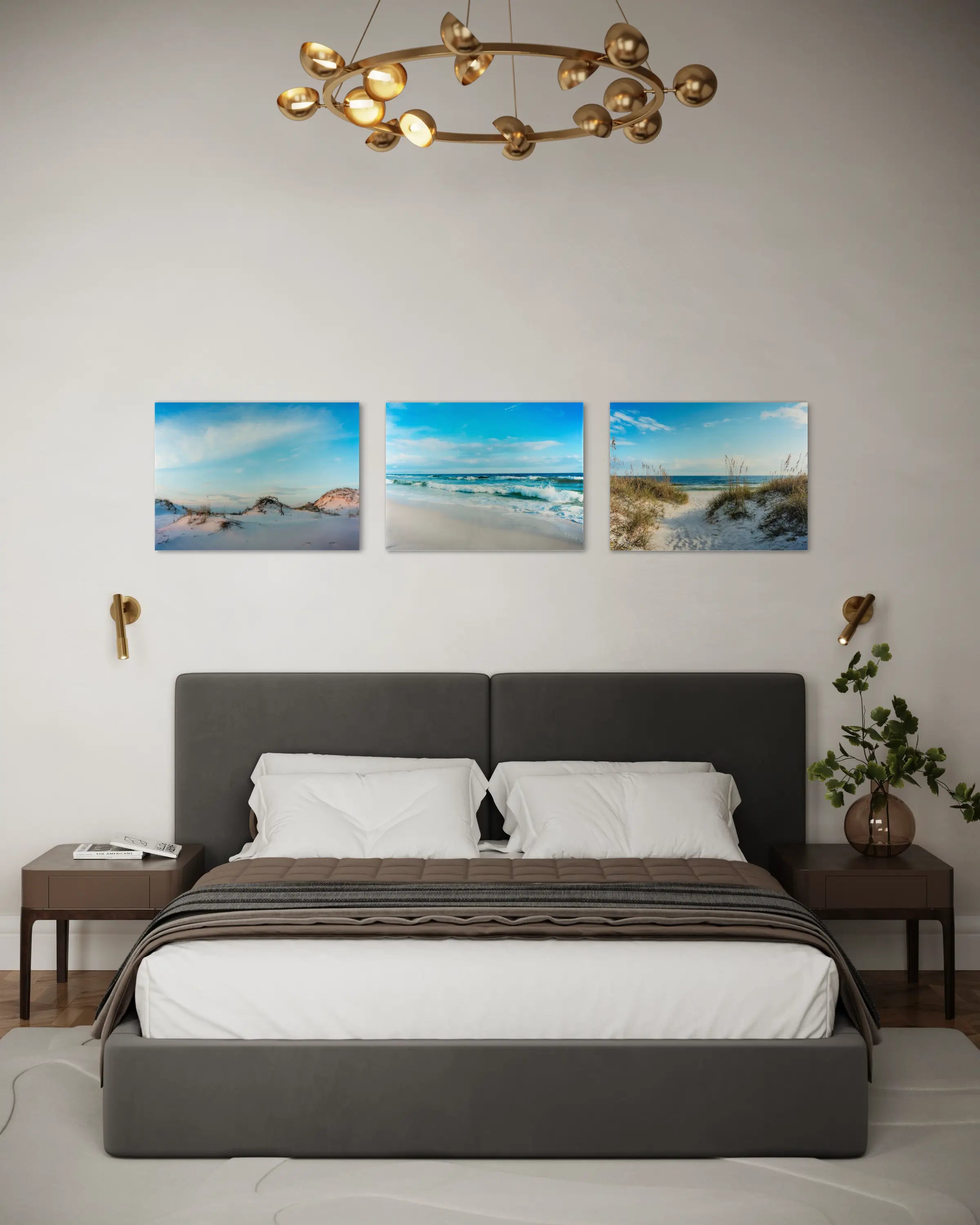 Florida Gulf Coast Waves Glass Print: Turquoise waves on white sand beach, coastal decor art with 2 matching prints