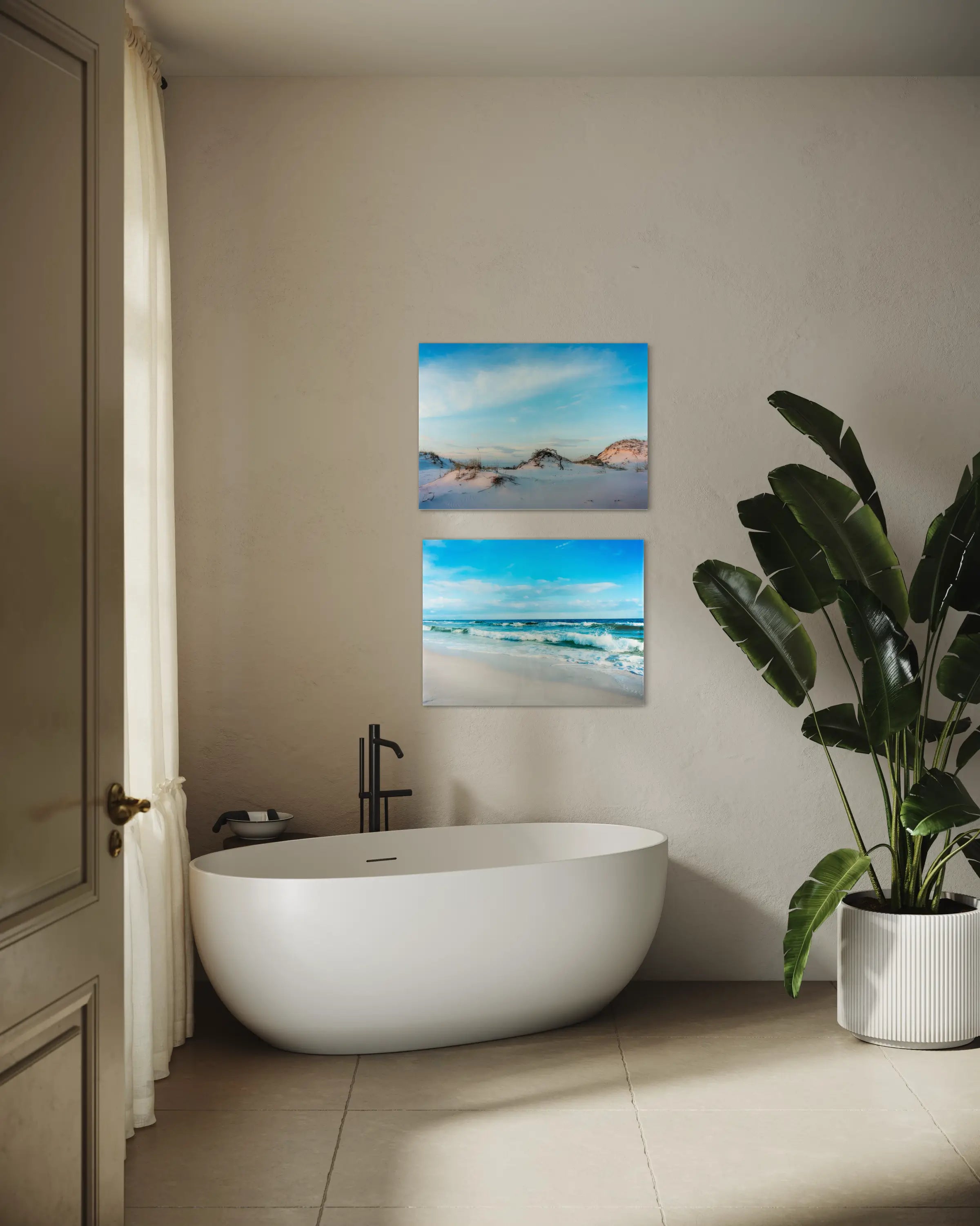 Florida Gulf Coast Waves Glass Print: Turquoise waves on white sand beach, coastal decor, with another matching print