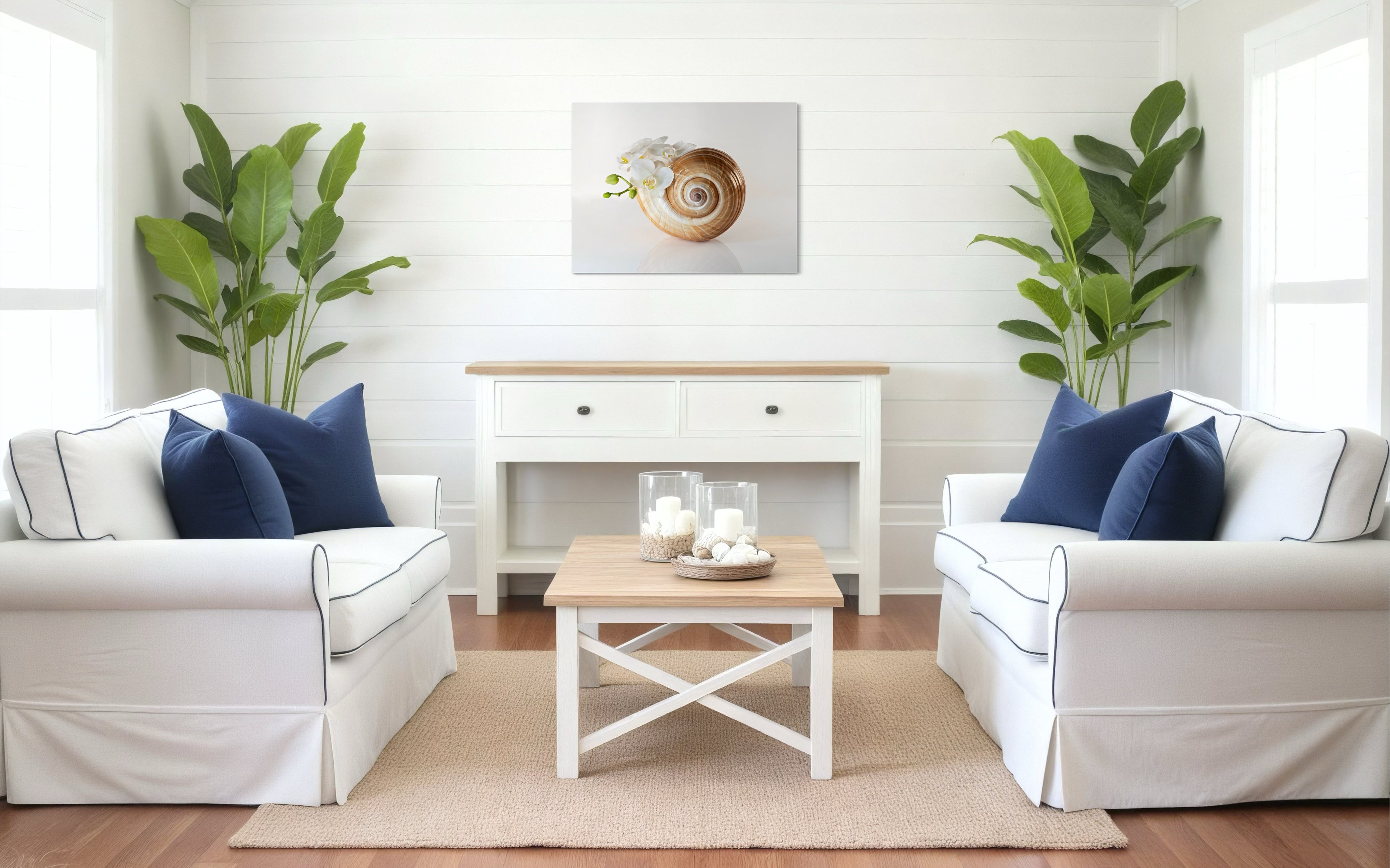 Giant Tun Shell and White Orchids Glass Print | Coastal Nature Art Decor - Prints