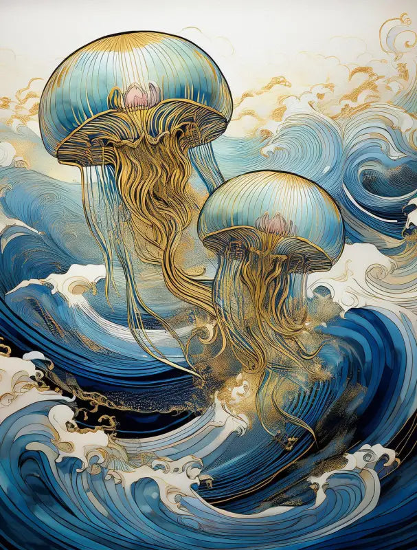 A glass print of two jellyfish in gold-tipped waves, inspired by Hokusai, from the Echoes of the Sea series.