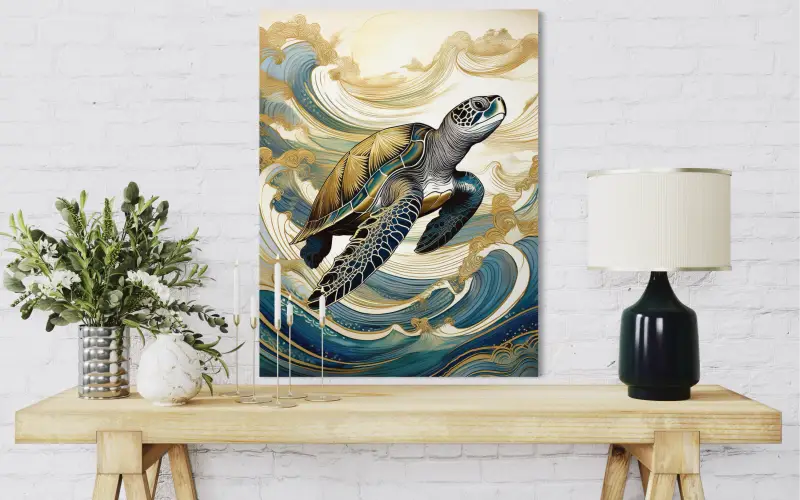 Golden Sea Turtle Hokusai Waves Art Print, coastal marine decor, eco-friendly displayed above a side table.