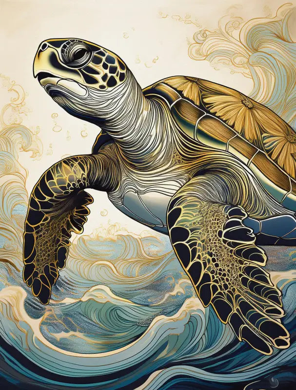 A glass print of a gold-accented sea turtle gliding through waves, from Echoes of the Sea.