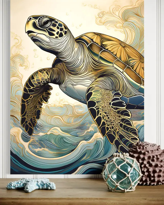 A glass print of a gold-accented sea turtle gliding through waves, from Echoes of the Sea displayed over shelf.