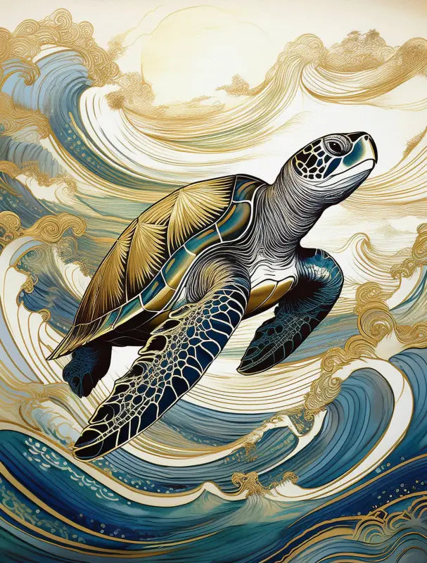 Golden Sea Turtle Hokusai Waves Art Print, coastal marine decor, eco-friendly.