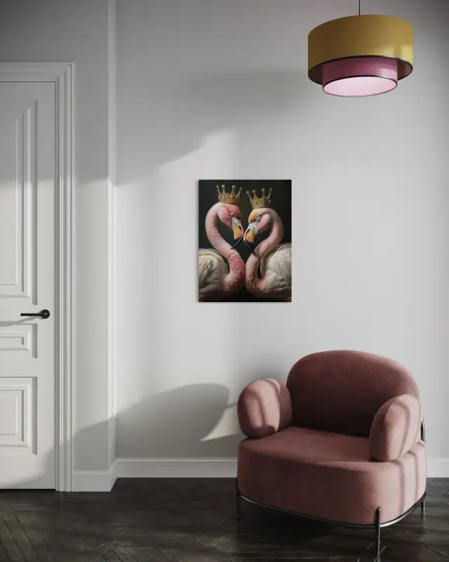 Golden Crowned Flamingo Heart Glass Print, coastal romantic art, eco-friendly_sitting area