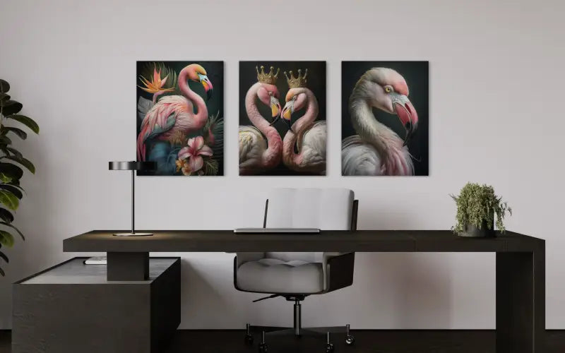 Golden Crowned Flamingo Heart Glass Print, coastal romantic art_gallery wall with 3 of Echoes prints