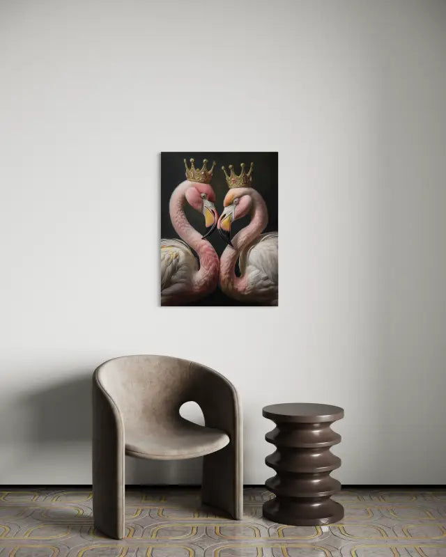 Golden Crowned Flamingo Heart Glass Print, coastal romantic art, eco-friendly_wall decor