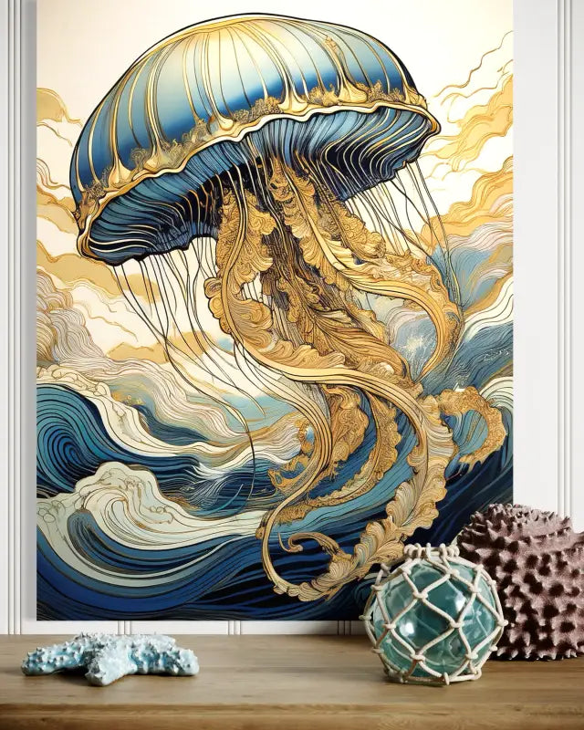 Glass print of a golden jellyfish in line art style with Hokusai-inspired blue waves-detail