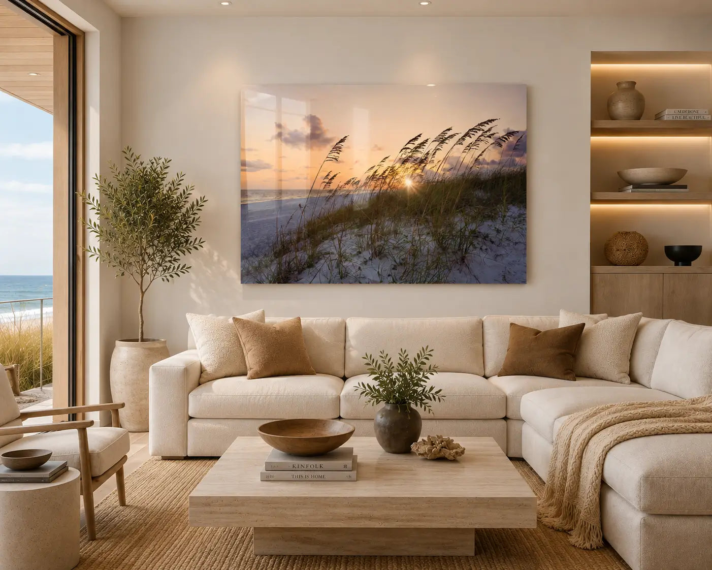 Golden sea oats sunset glass print displayed above a neutral coastal living room sofa, with warm natural textures and subtle reflections on the glass.