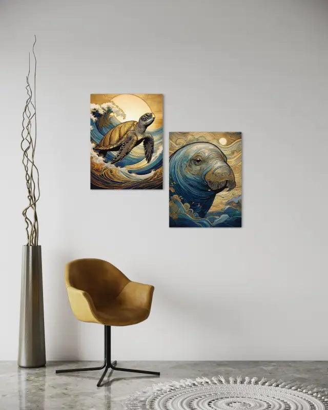 Sea Turtle Golden Wave Crests Art Coastal Glass Print by Echoes of the Sea, displayed with another matching Echoes print