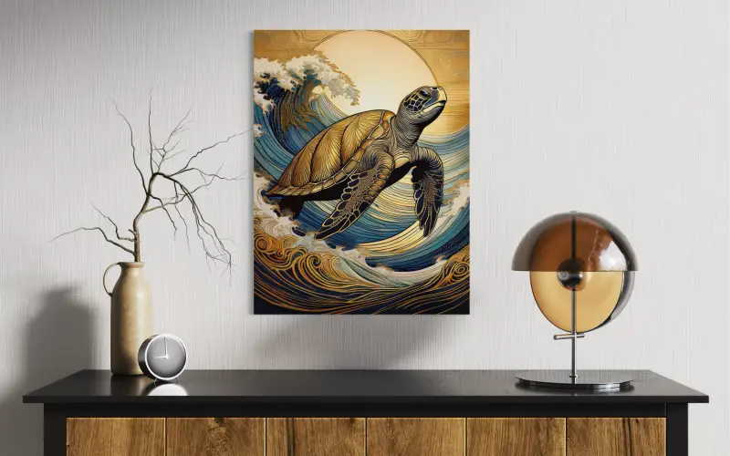 Sea Turtle Golden Wave Crests Art Coastal Glass Print by Echoes of the Sea, above side board