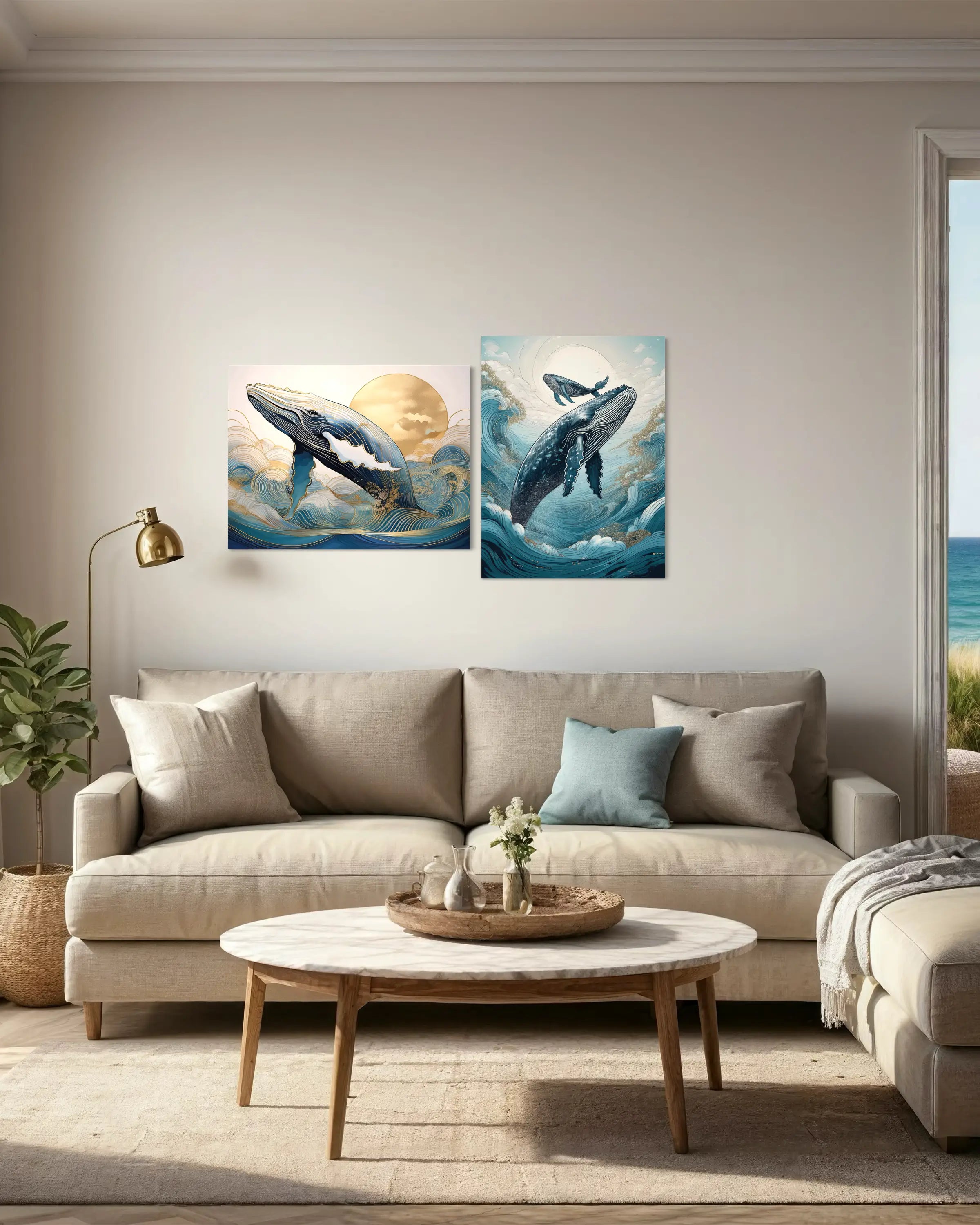 Golden Whale Glass Print – Echoes Coastal Ocean Art