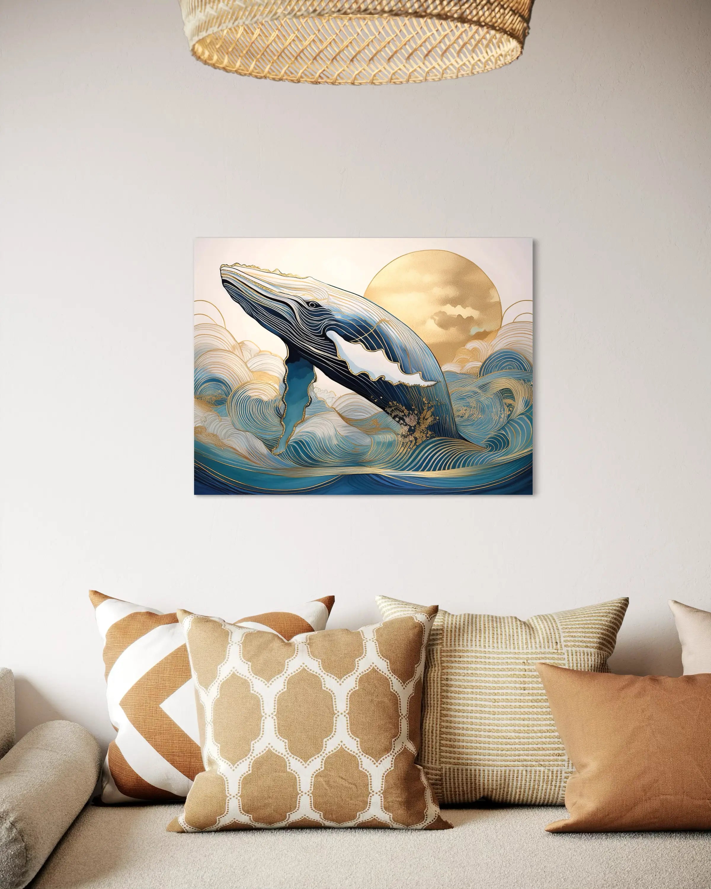 Golden Whale Glass Print – Echoes Coastal Ocean Art