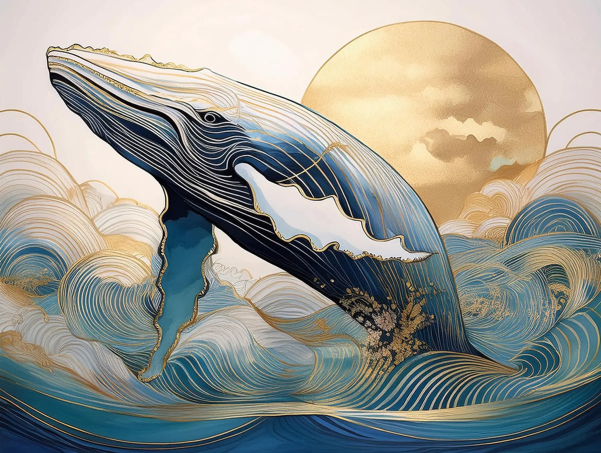 Decorative illustration of a whale breaching through stylized waves with a golden sun in the background.