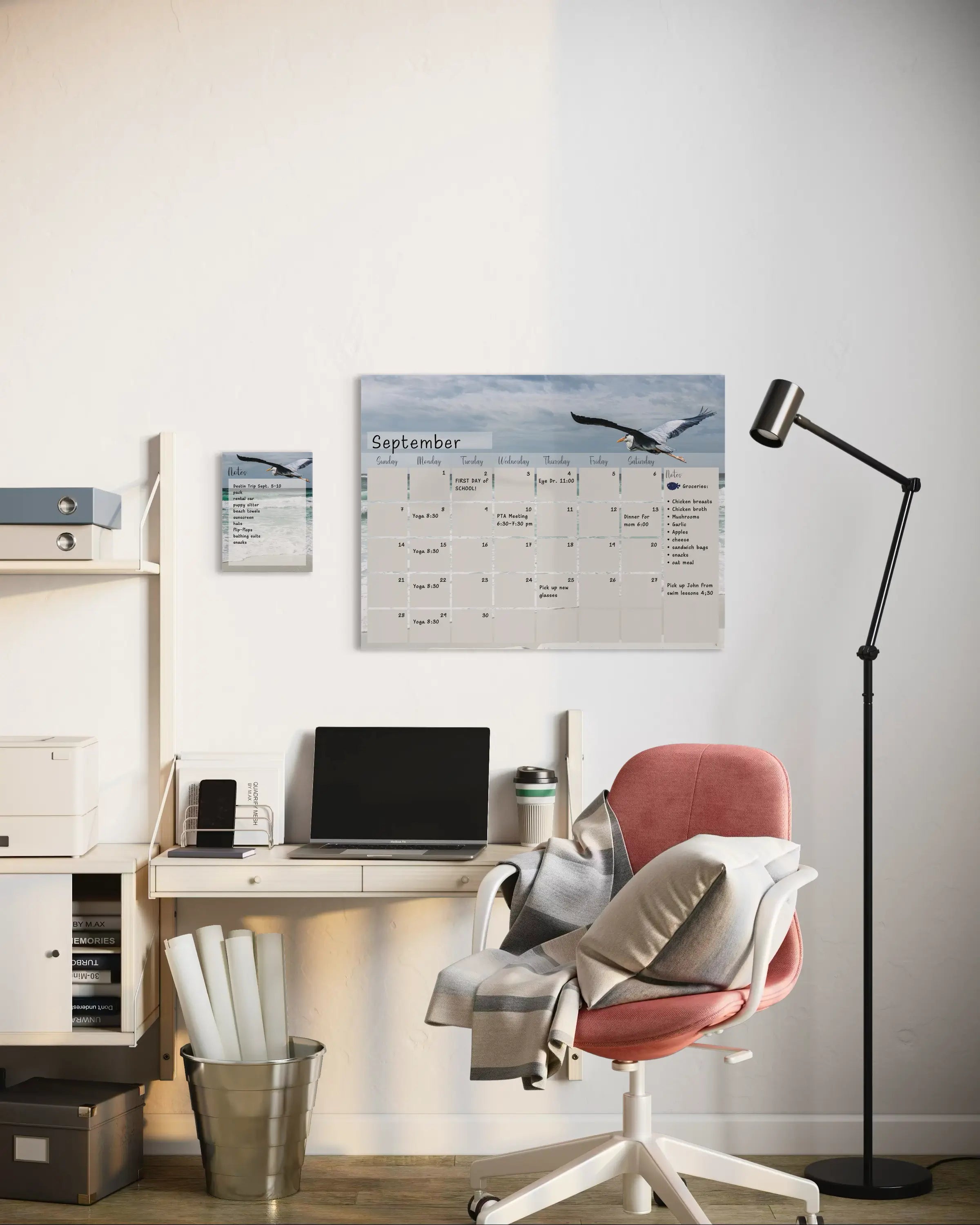 A reusable glass notes board featuring a Great Blue Heron in flight over ocean waves, with a blank dry-erase surface for notes and to-do lists with matching calendar