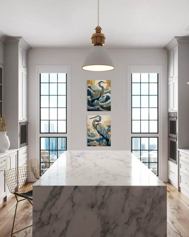 Great Blue Heron in Golden Waves Coastal Glass Print by Echoes of the Sea-pictured with matching heron print.