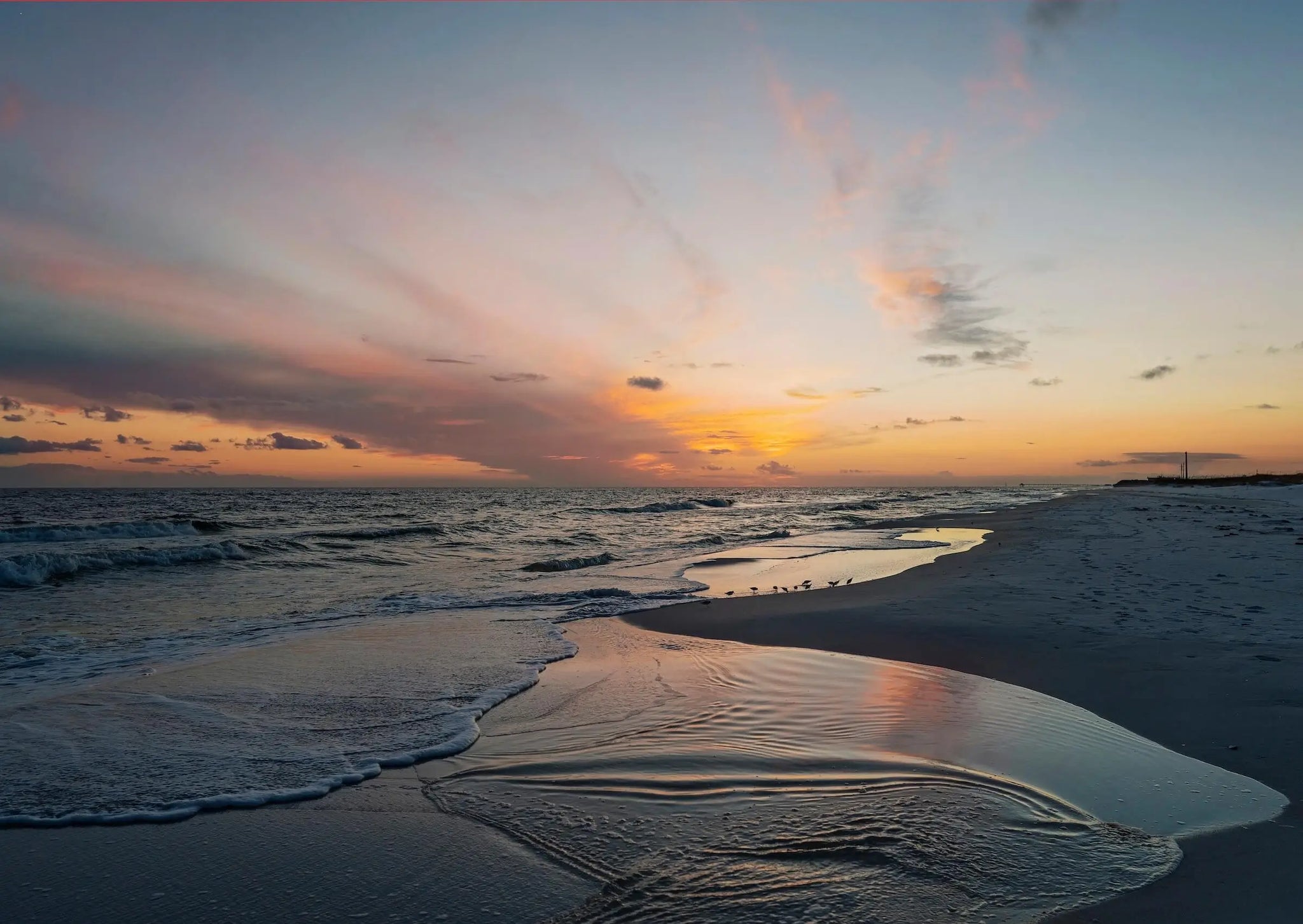 Gulf Coast sunset reflection coastal glass print, Echoes of the Sea beach scene