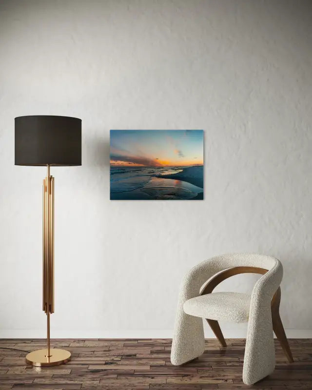 Gulf Coast sunset glass print with vibrant yellows, oranges, purples, pinks, eco-friendly coastal decor.-sitting area