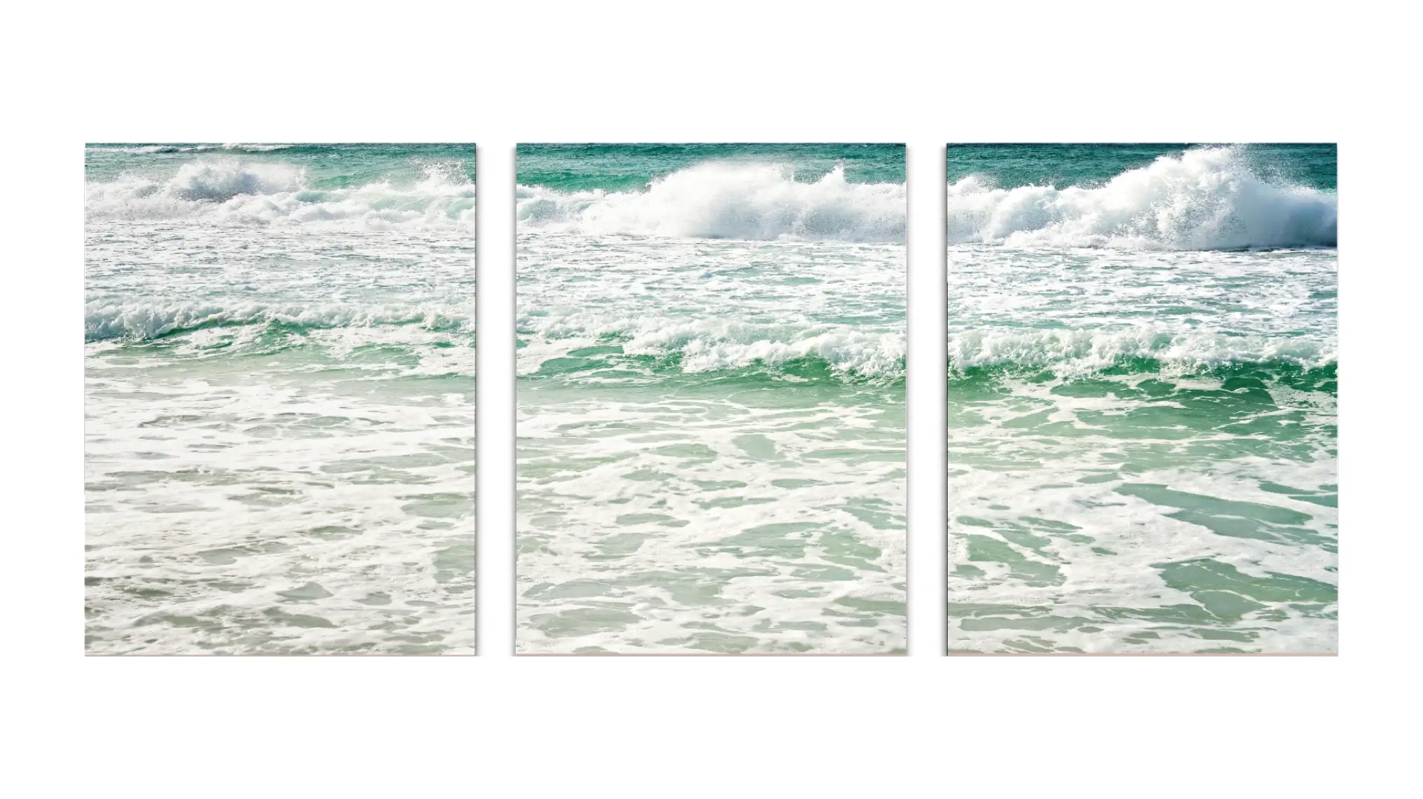 Gulf Coast waves glass prints triptych of teal waves with white foam
