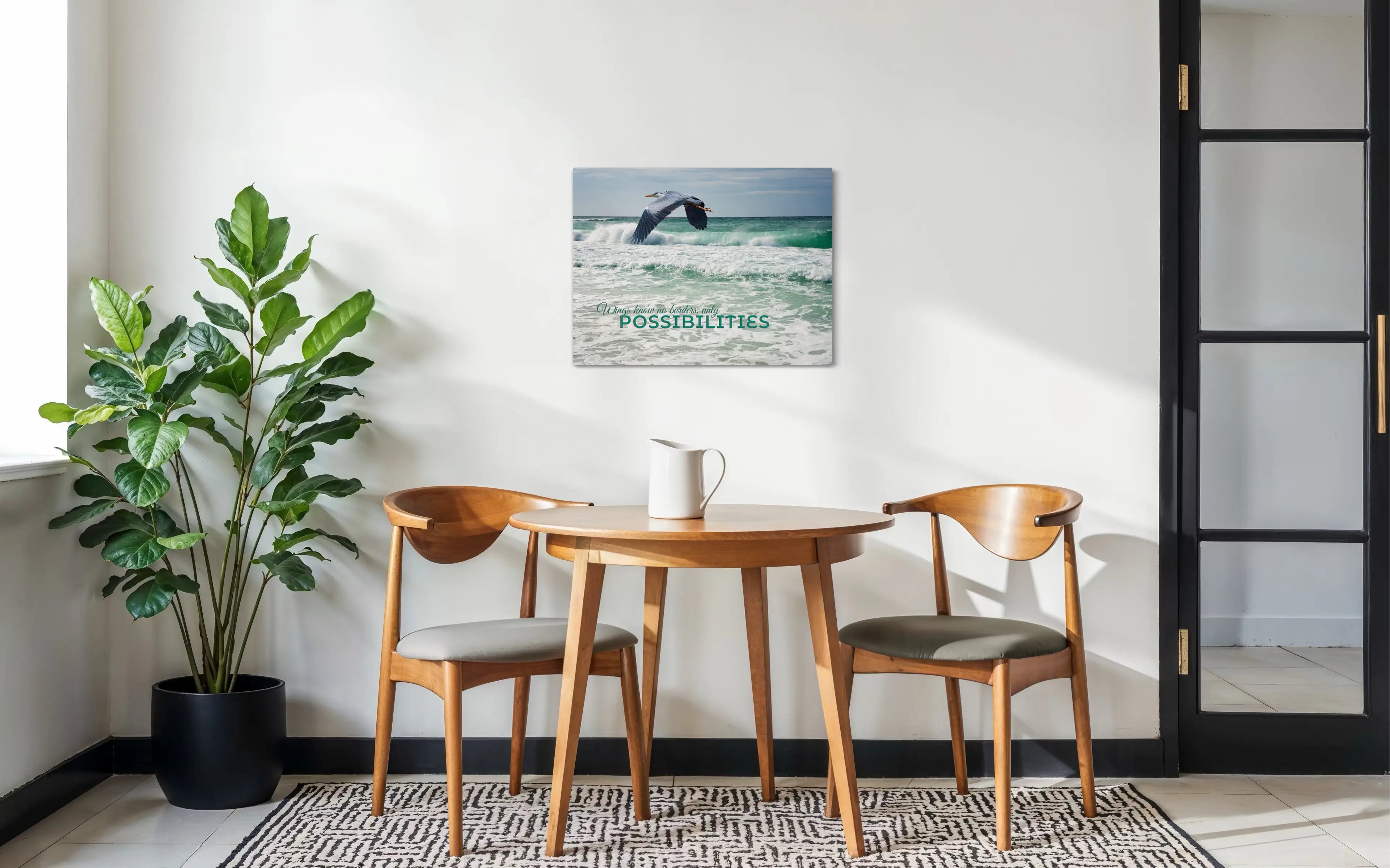 Heron in Flight Coastal Glass Print – uplifting ocean-inspired wall art displayed above a light breakfast table.