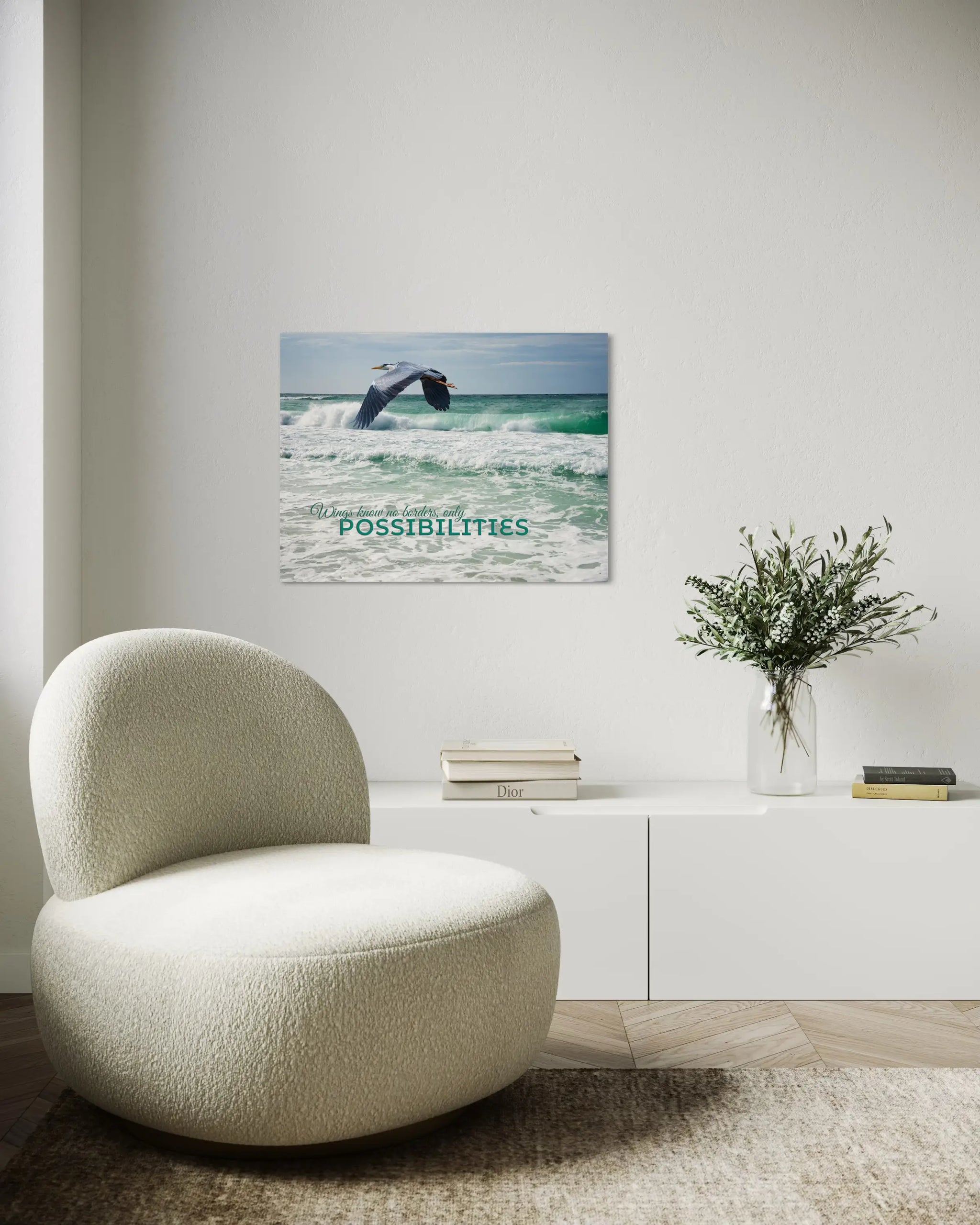 Heron in Flight Coastal Glass Print – elegant coastal wall art with soaring heron displayed in a cream-colored sitting area.