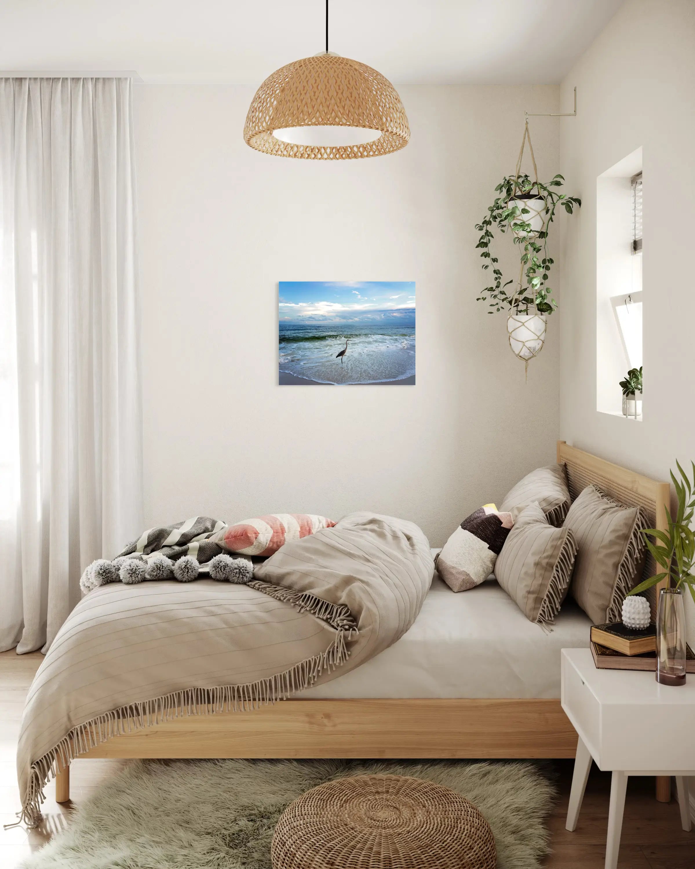 Heron on shoreline under cloudy sky, coastal glass art, bedroom coastal wall art