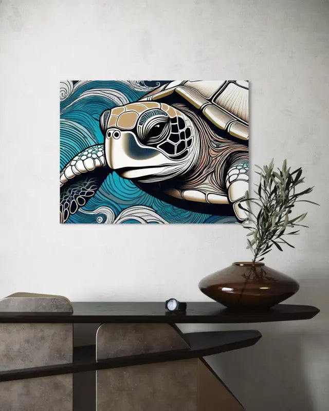 Close-up sea turtle portrait in Hokusai-inspired blue waves, coastal glass print for modern ocean decor.