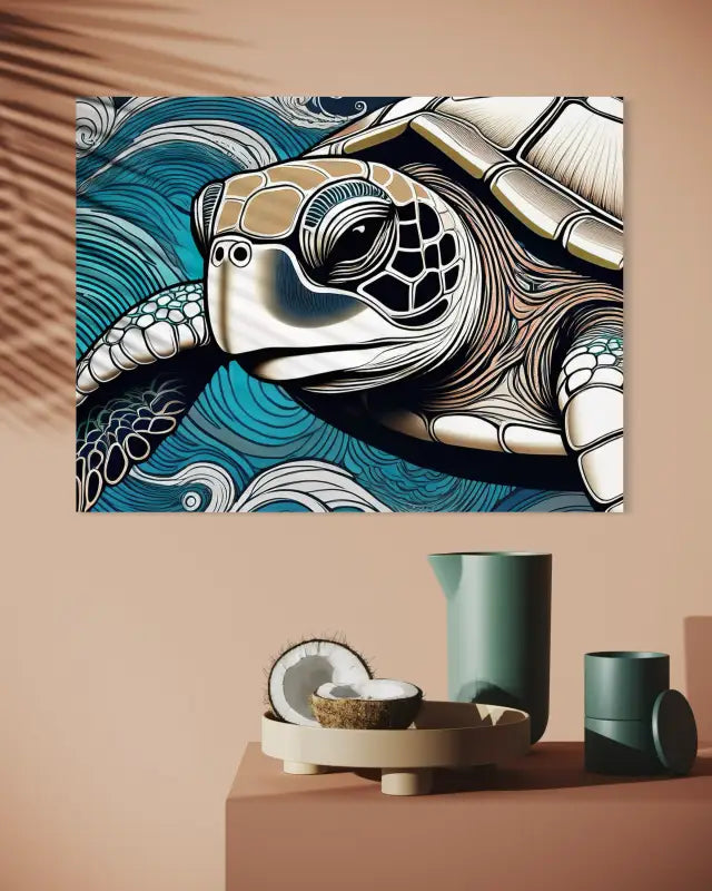 Close-up sea turtle portrait in Hokusai-inspired blue waves, coastal glass print for tropical decor.