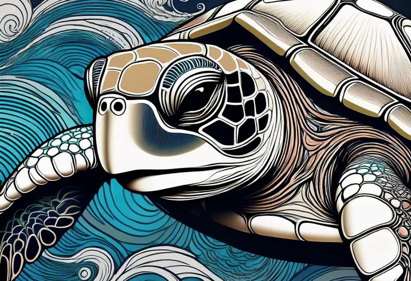 Close-up sea turtle portrait in Hokusai-inspired blue waves, coastal glass print for ocean decor.