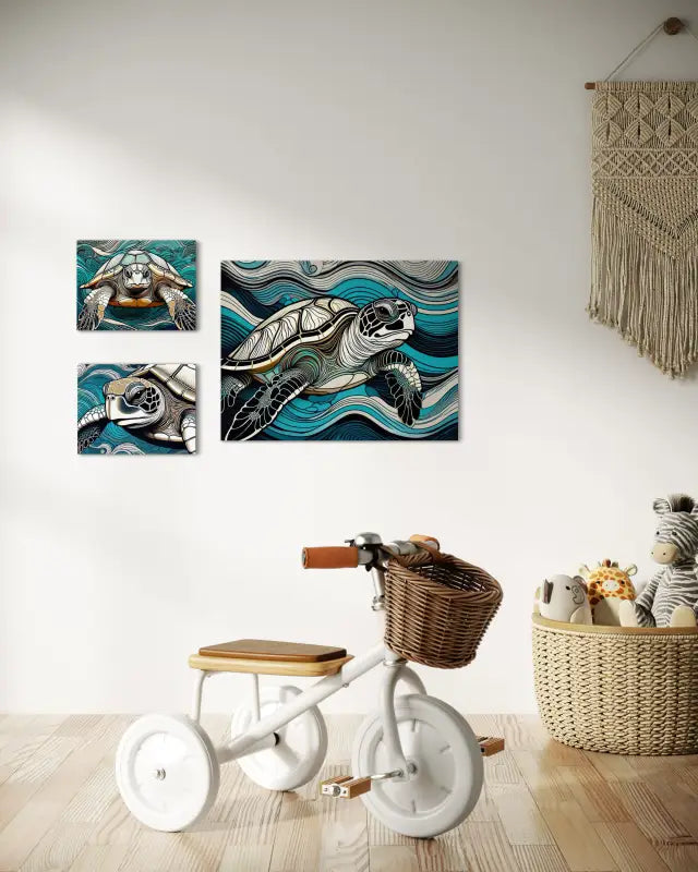 Close-up sea turtle portrait in Hokusai-inspired blue waves, coastal glass print for nursery wall gallery