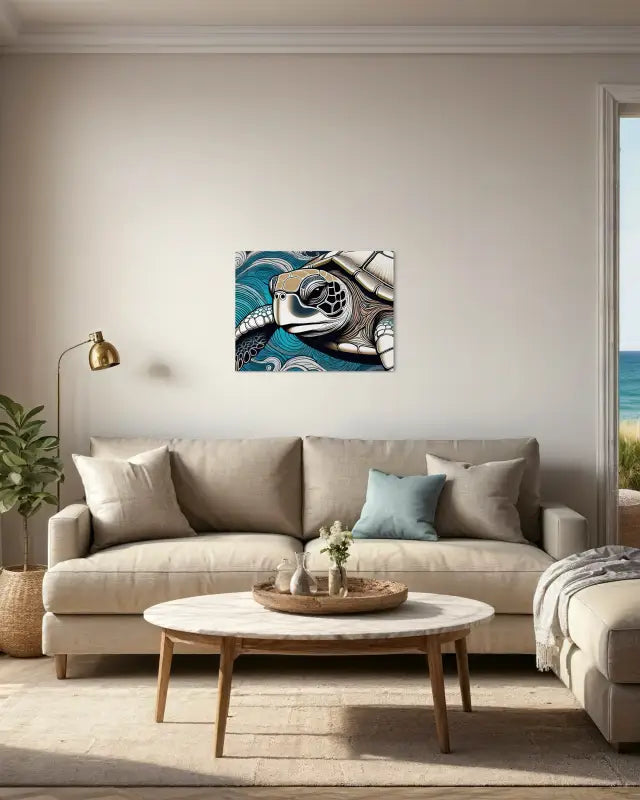 Close-up sea turtle portrait in Hokusai-inspired blue waves, coastal glass print for living room decor.