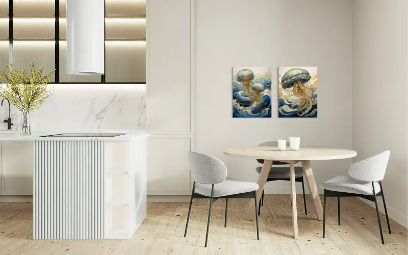 Glittering Jellyfish Gold Waves Coastal Glass Print by Echoes of the Sea displayed with matching print.