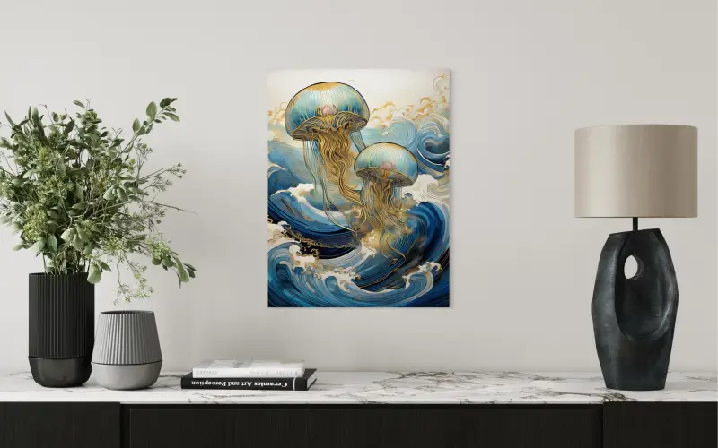 Glittering Jellyfish Gold Waves Coastal Glass Print by Echoes of the Sea, inspired by Hokusai-above desk