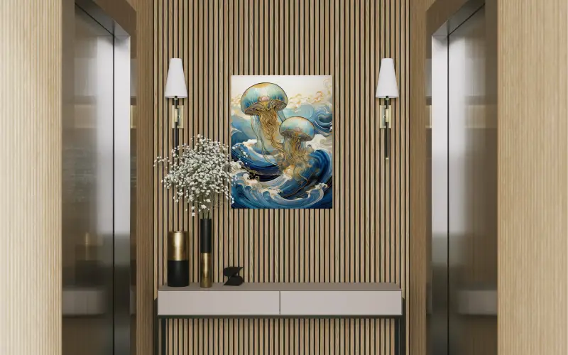 Glittering Jellyfish Gold Waves Coastal Glass Print by Echoes of the Sea, inspired by Hokusai-displayed in elevator hallway.