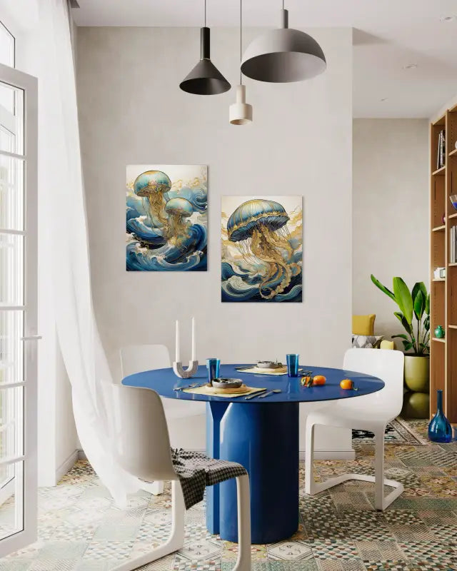 Glittering Jellyfish Hokusai Gold Waves Coastal Glass Print by Echoes of the Sea displayed with a matching Echoes print.