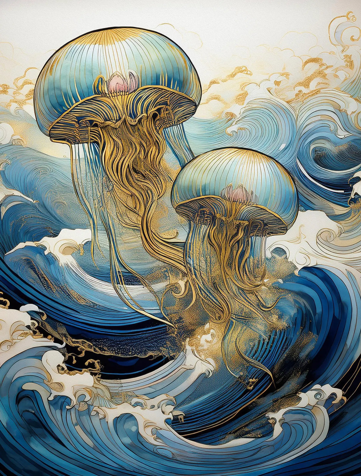 Two golden and pale blue jellyfish floating through stylized ocean waves in a coastal glass art print featuring intricate flowing tentacles and rich marine blues.