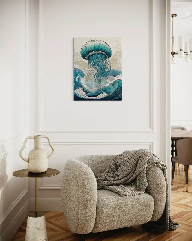 Jellyfish in Hokusai waves of blue and teal coastal glass art-sitting area decor