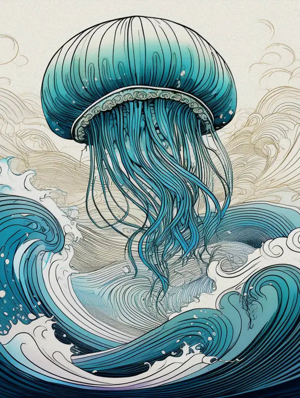 Glass print of a jellyfish in a wave-inspired design.