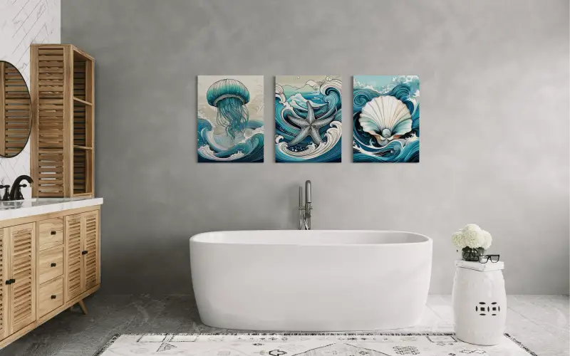 Jellyfish in Hokusai waves of blue and teal coastal glass art-bathroom wall gallery