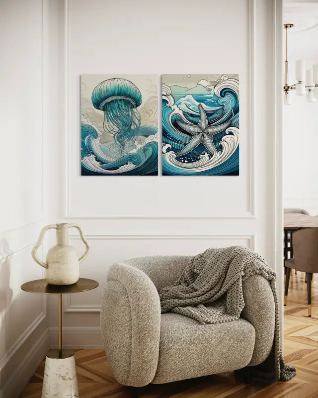 Jellyfish in Hokusai waves of blue and teal coastal glass art-displayed with Echoes matchng Starfish print.