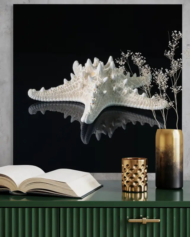 Knobby starfish on black background, coastal glass print for nautical decor - shown above table.