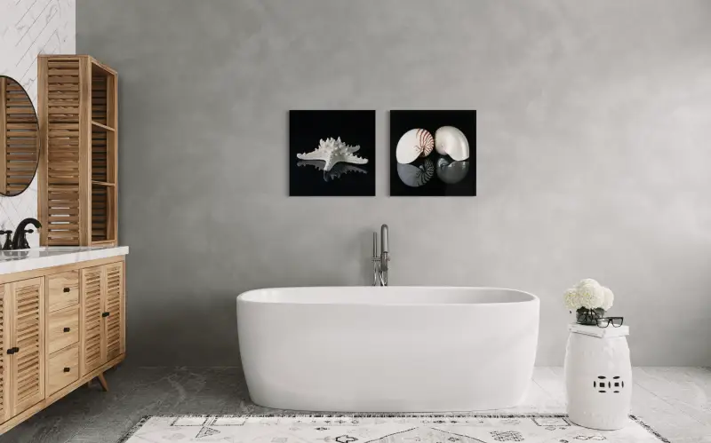 Knobby starfish on black background, coastal glass print for nautical decor - bathroom decor