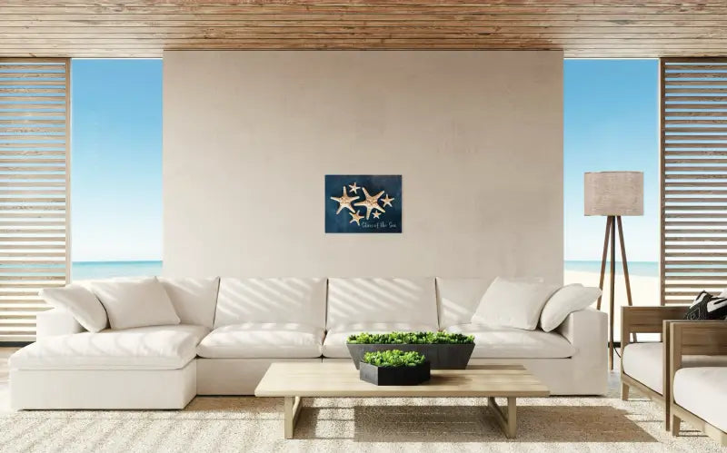 Coastal glass print with White knobby starfish with Stars of the Sea script on blue backdrop-coastal living area